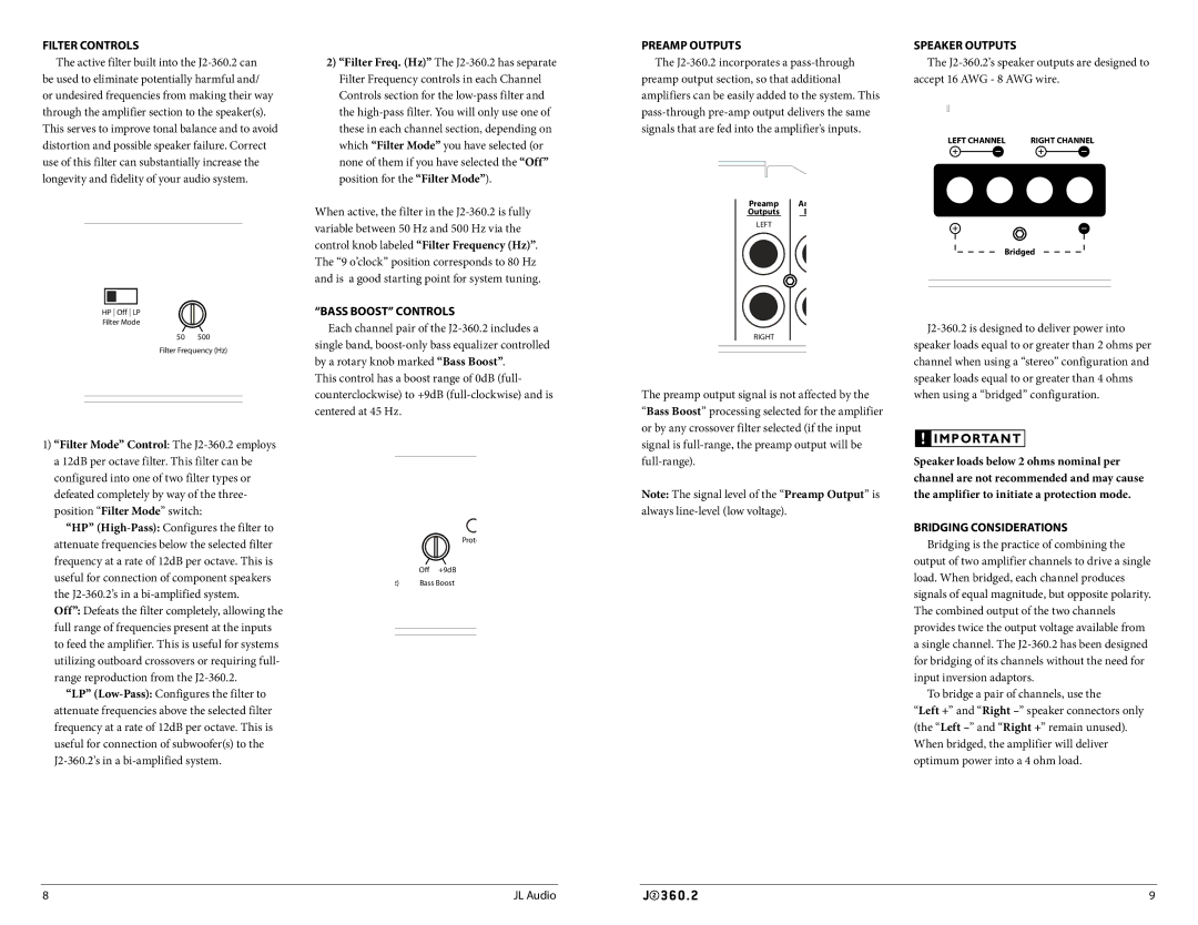 JL Audio J2360.2 Filter Controls, Bass BOost Controls, PreAMP Outputs, Speaker Outputs, Bridging Considerations 