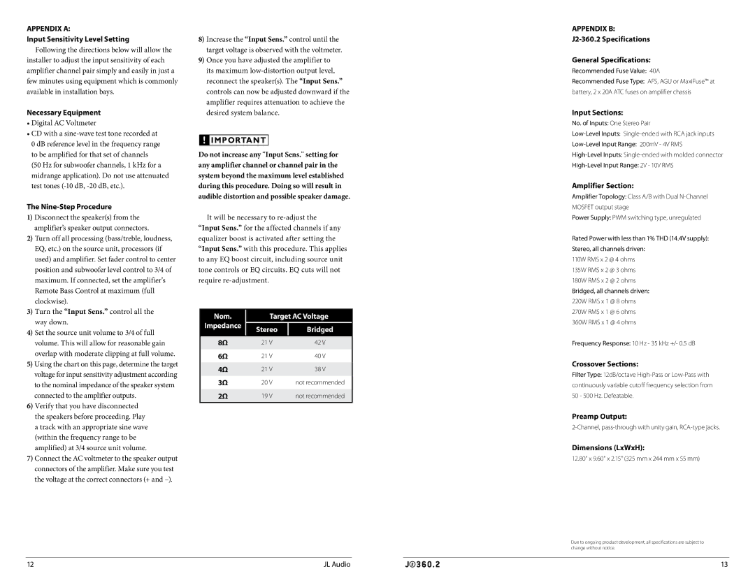 JL Audio J2360.2 owner manual Appendix a, Necessary Equipment, Nine-Step Procedure, Amplifier Section, Crossover Sections 