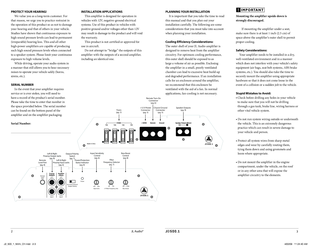 JL Audio J2500.1 Cooling Efficiency Considerations, Serial Number, Safety Considerations, Stupid Mistakes to Avoid 