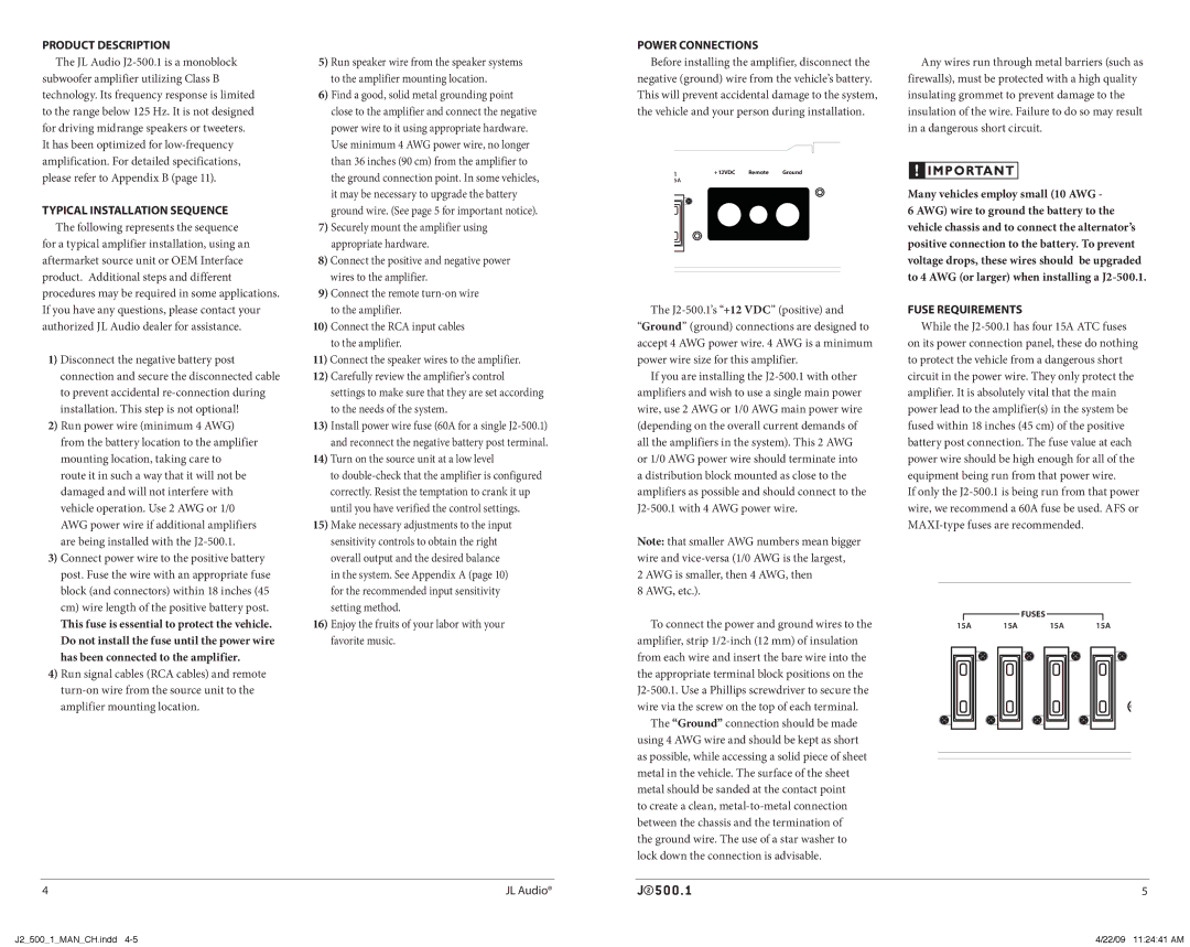 JL Audio J2500.1 owner manual Product Description, Power Connections, Fuse Requirements 