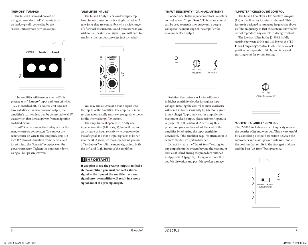 JL Audio J2500.1 owner manual REMote turn-On, Amplifier InputS, LP Filter CroSSOVER Control, Output Polarity Control 