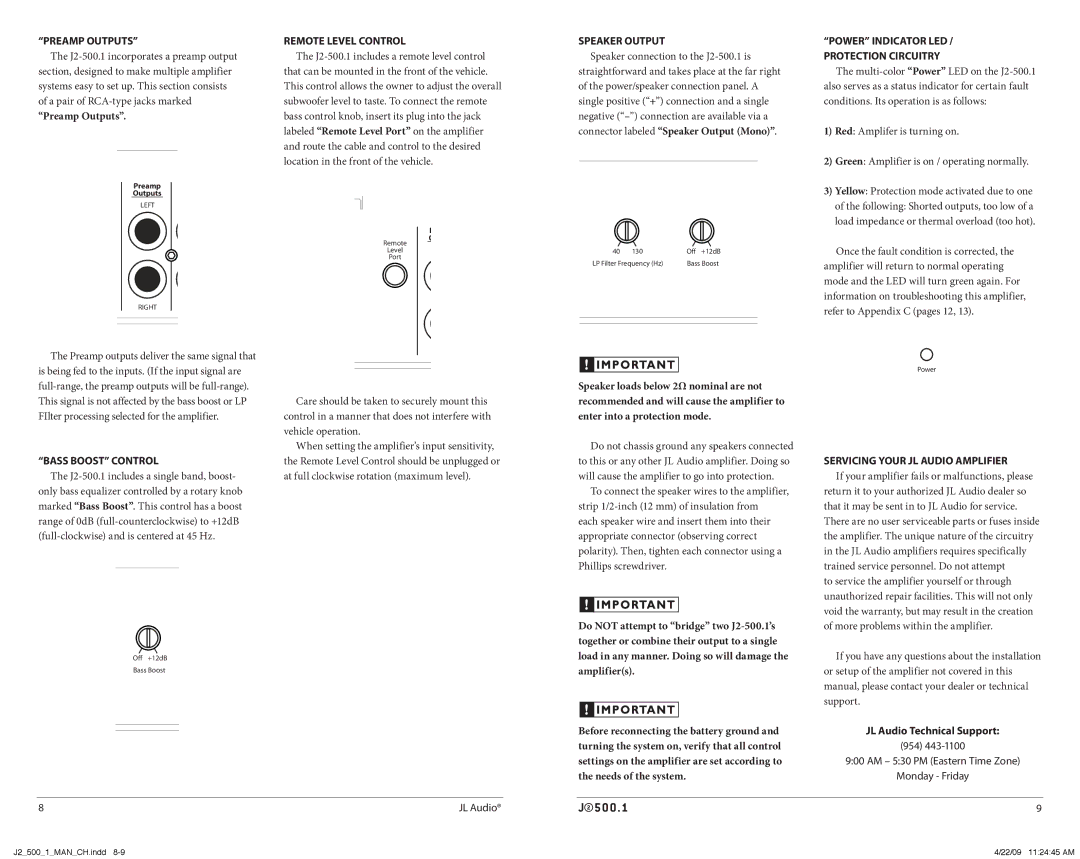 JL Audio J2500.1 owner manual PREAmP Outputs, Remote Level Control, Bass BOost Control, Servicing your JL Audio Amplifier 