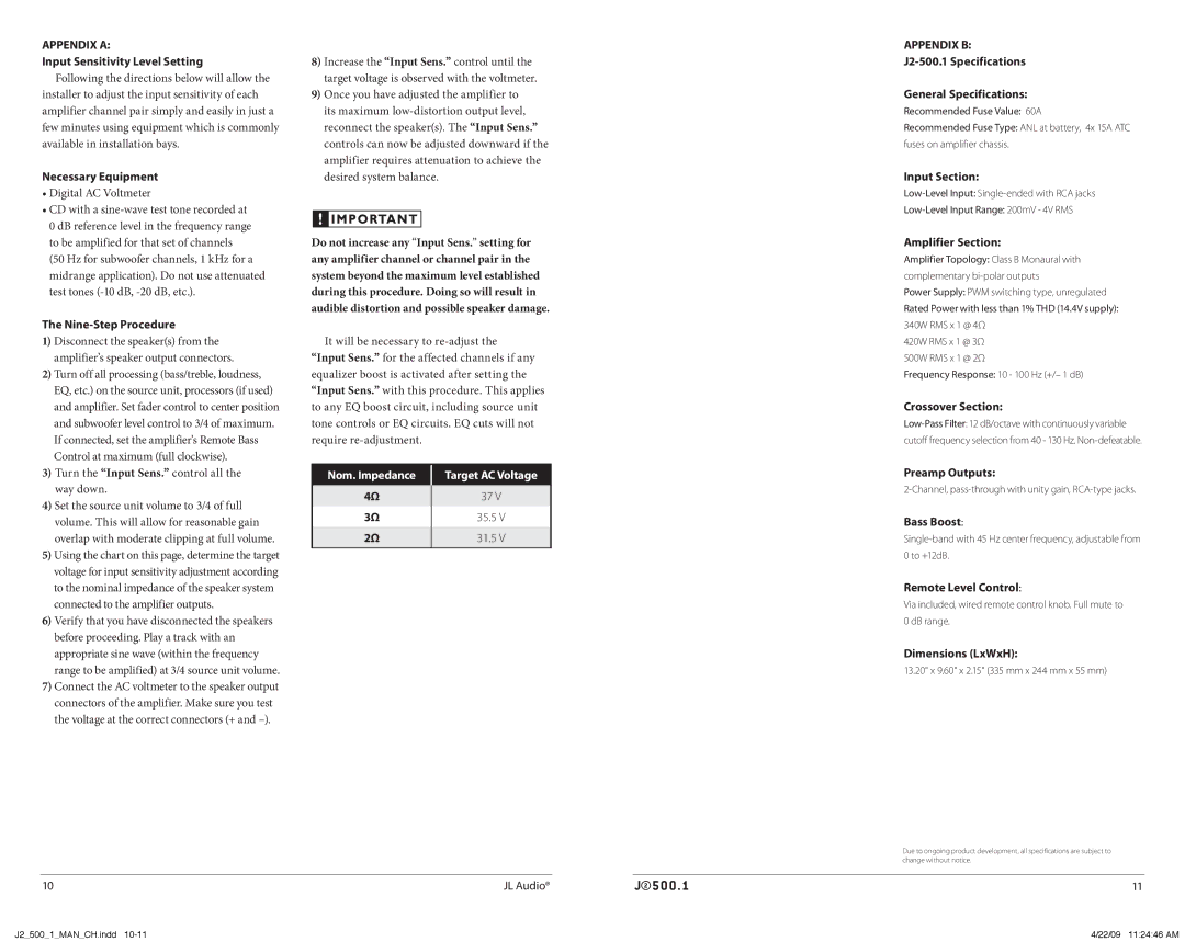 JL Audio J2500.1 Appendix a, Necessary Equipment, Nine-Step Procedure, Input Section, Amplifier Section, Crossover Section 