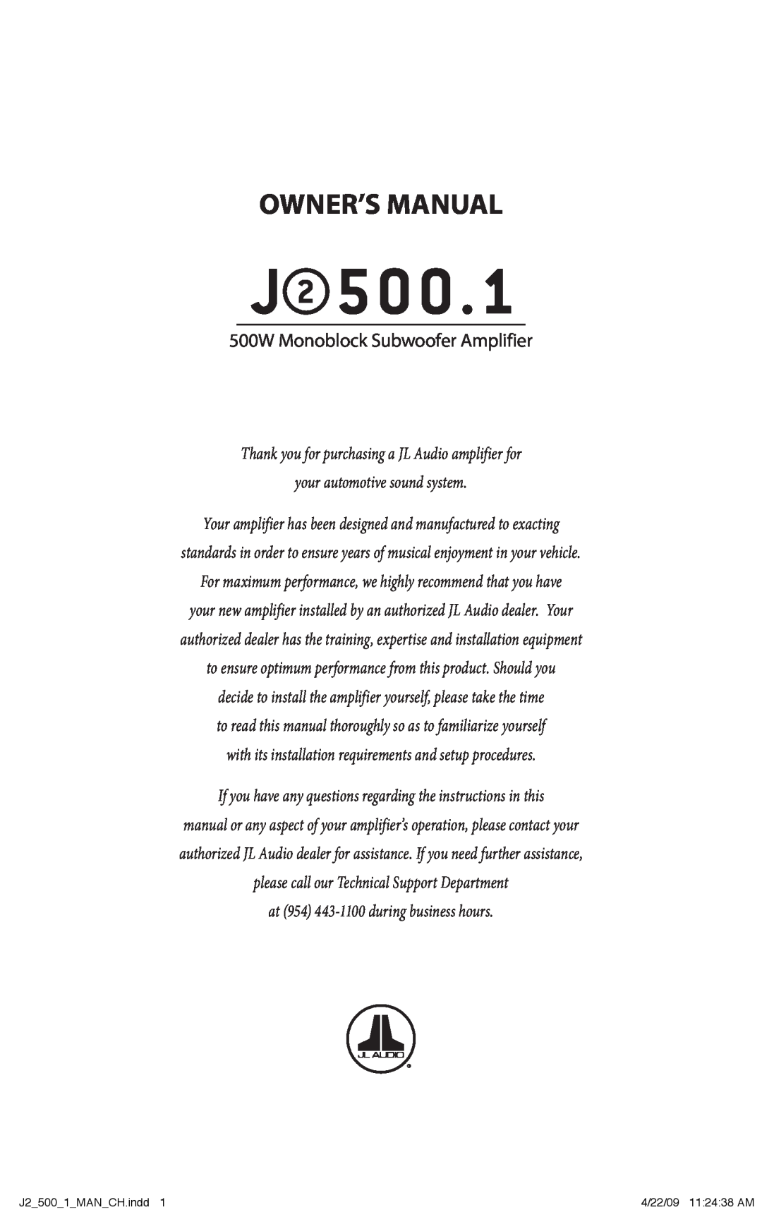 JL Audio J2500.1 owner manual owner’s manual, 500W Monoblock Subwoofer Amplifier 