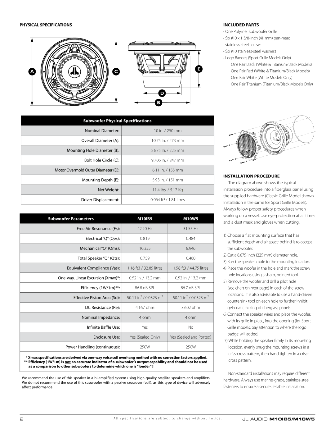 JL Audio M10IB5, M10W5 Physical Specifications Included Parts, Subwoofer Physical Specifications, Subwoofer Parameters 