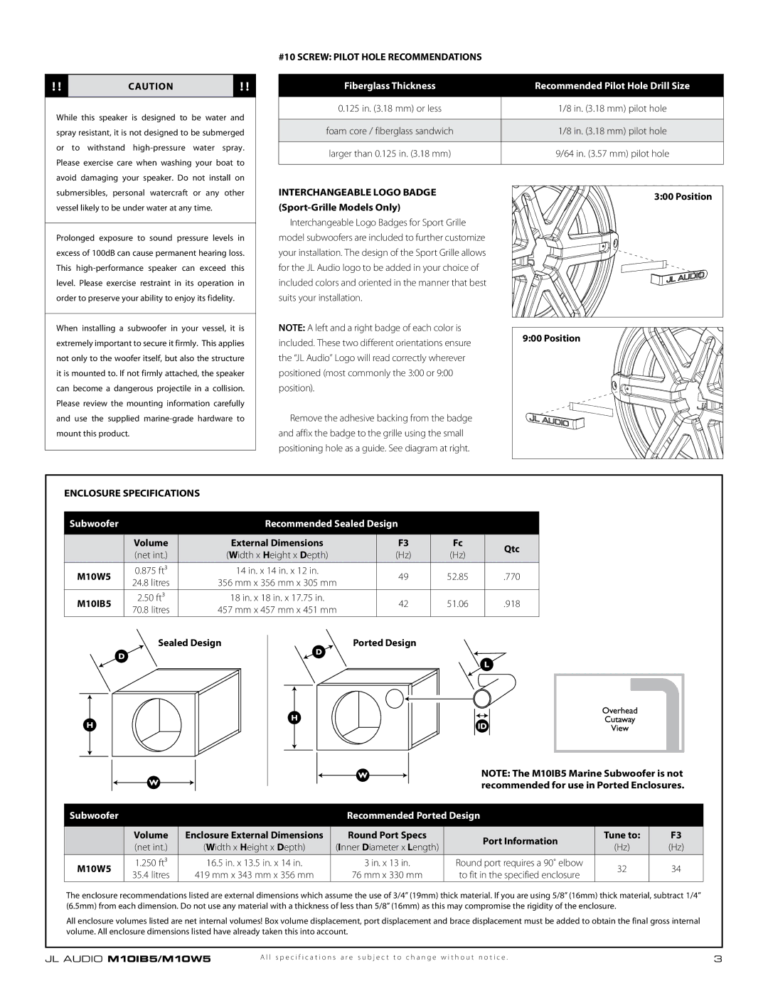 JL Audio M10W5, M10IB5 #10 Screw Pilot Hole Recommendations, Fiberglass Thickness Recommended Pilot Hole Drill Size 