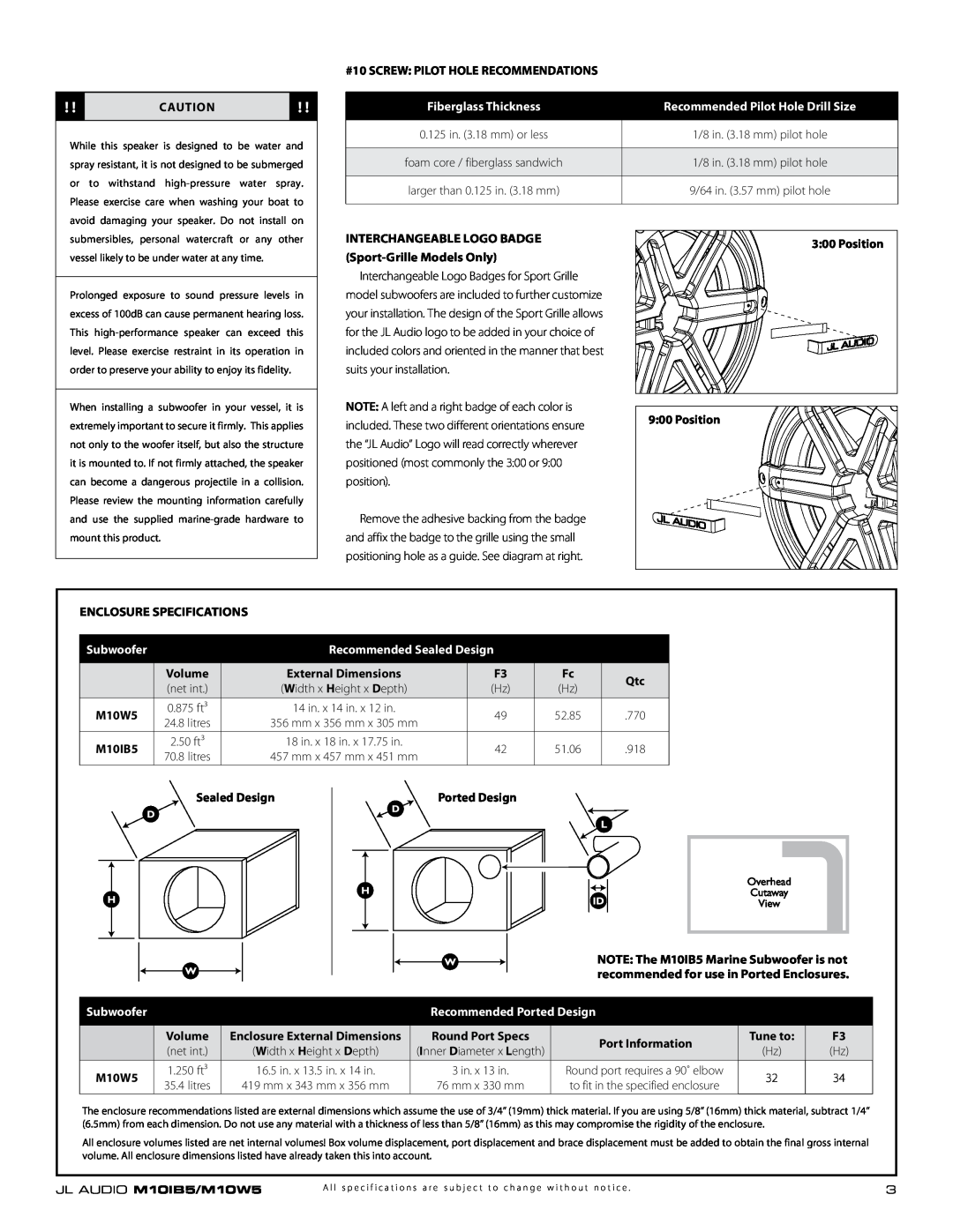 JL Audio M10W5 #10 SCREW PILOT HOLE RECOMMENDATIONS, Fiberglass Thickness, Recommended Pilot Hole Drill Size, Subwoofer 
