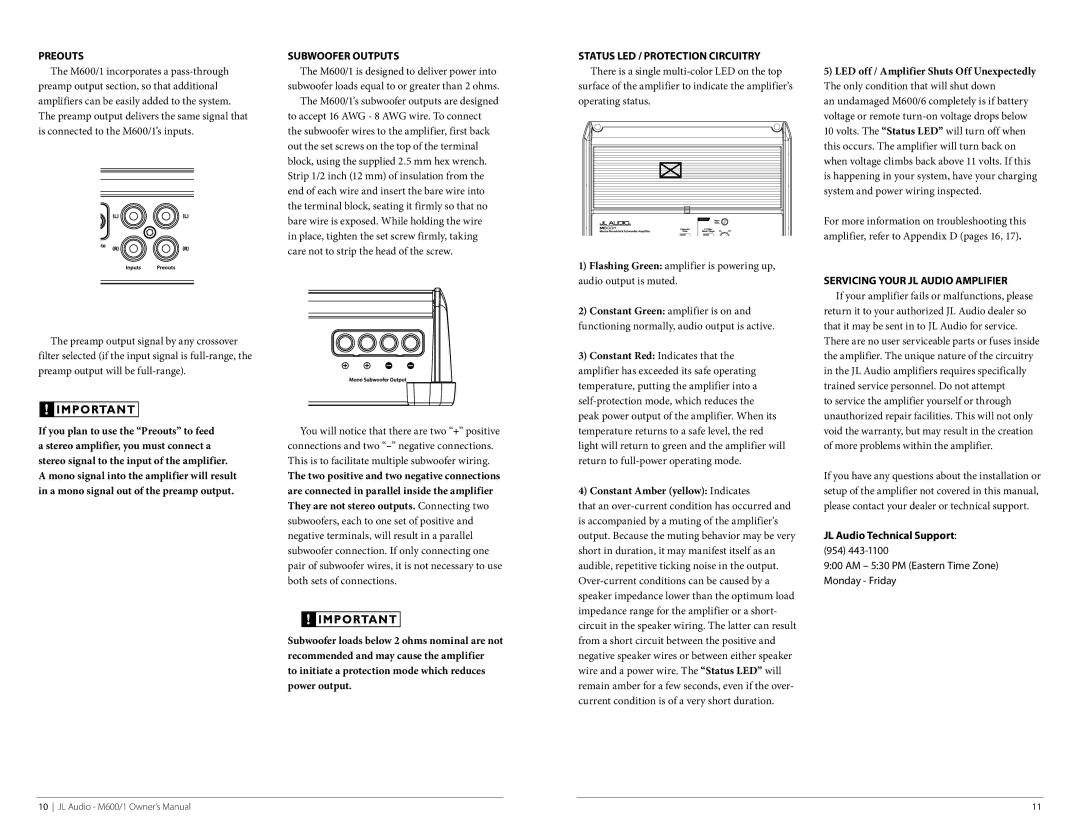 JL Audio MAN-01-2010, M600/1 owner manual PreOUTS, Status LED / Protection Circuitry, Servicing your JL Audio Amplifier 