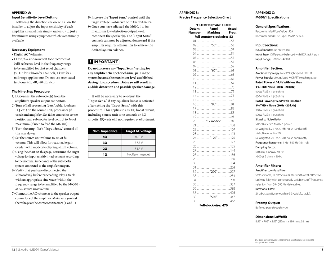 JL Audio M600/1 Appendix a, Necessary Equipment, Nine-Step Procedure, Appendix B Precise Frequency Selection Chart 