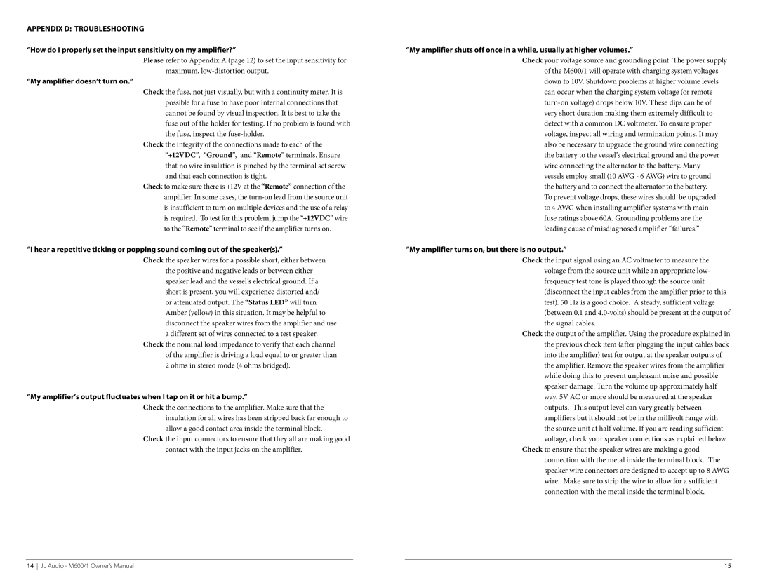 JL Audio MAN-01-2010, M600/1 owner manual My amplifier doesn’t turn on, My amplifier turns on, but there is no output 