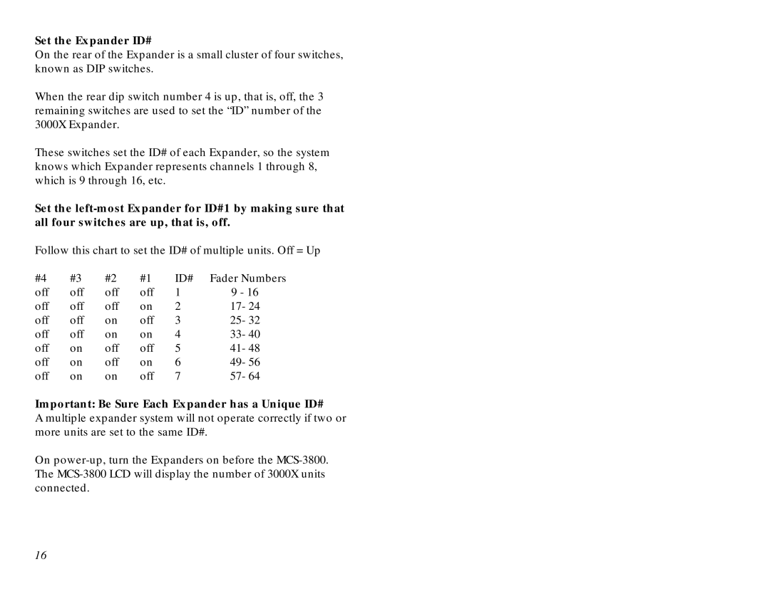 JL Audio MCS-3800 manual Set the Expander ID#, Important Be Sure Each Expander has a Unique ID# 