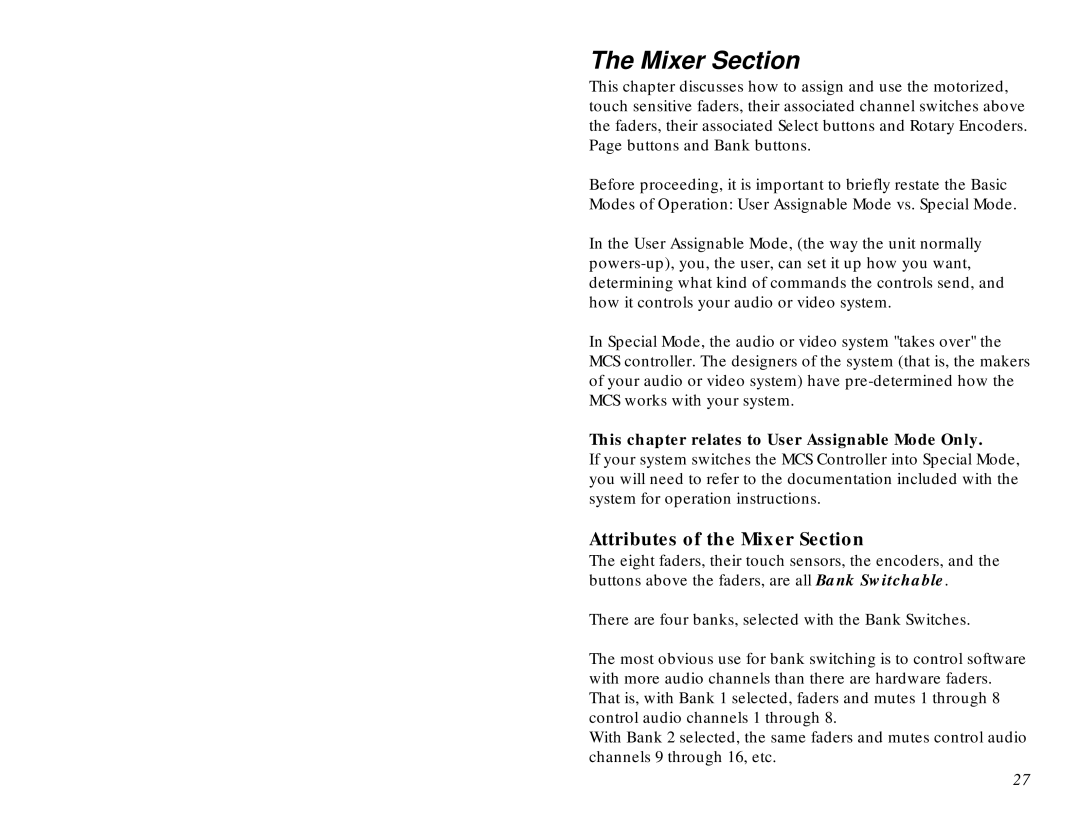 JL Audio MCS-3800 manual Attributes of the Mixer Section, This chapter relates to User Assignable Mode Only 