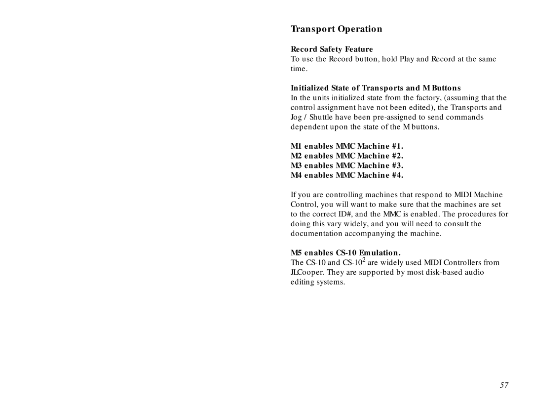 JL Audio MCS-3800 manual Transport Operation, Record Safety Feature, Initialized State of Transports and M Buttons 