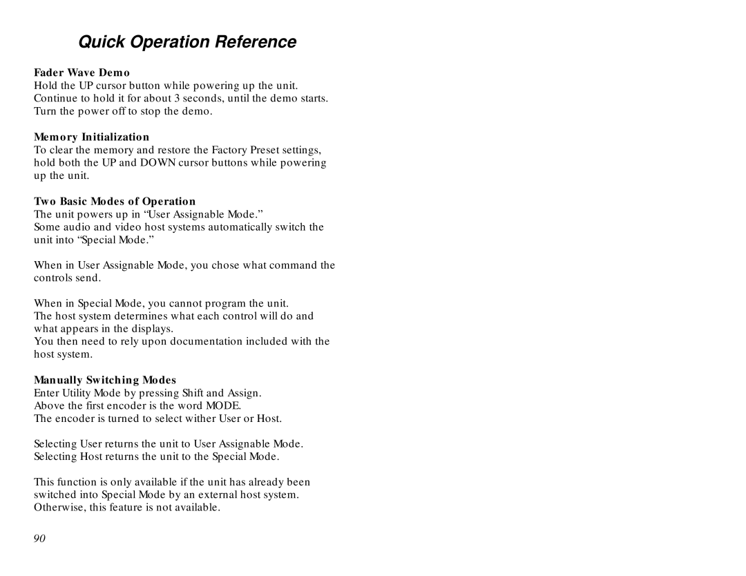 JL Audio MCS-3800 manual Quick Operation Reference, Fader Wave Demo, Memory Initialization, Two Basic Modes of Operation 