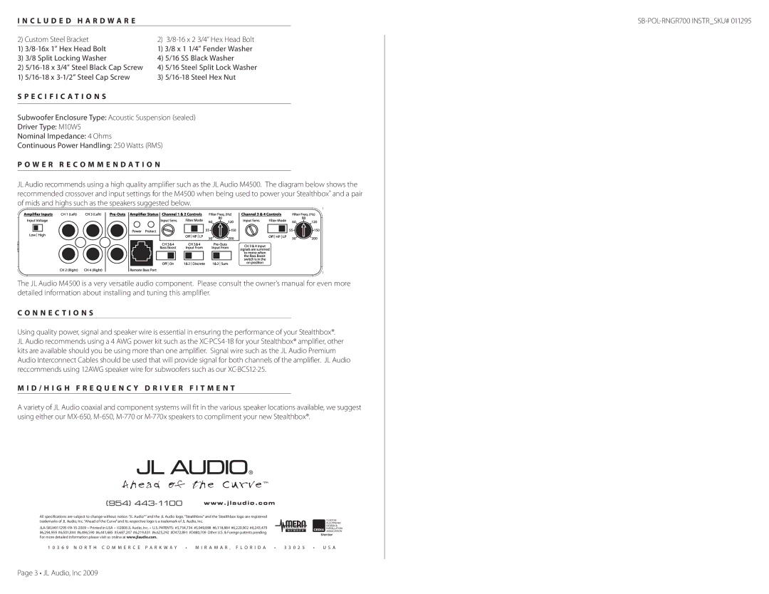 JL Audio XC-BCS12-25 C L U D E D H a R D W a R E, Specification S, W e r R e c o m m e n d a t i o n, N n e c t i o n s 