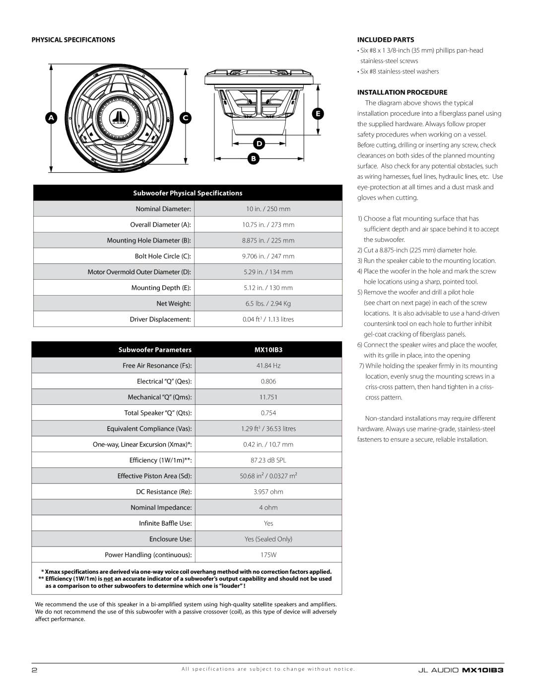 JL Audio MX10IB3 Physical Specifications Included Parts, Installation Procedure, Subwoofer Physical Specifications 