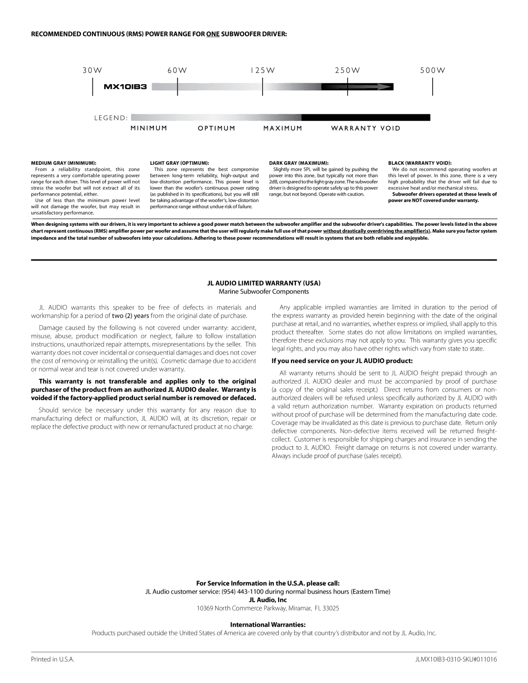 JL Audio MX10IB3 owner manual JL Audio Limited Warranty USA, If you need service on your JL Audio product, JL Audio, Inc 