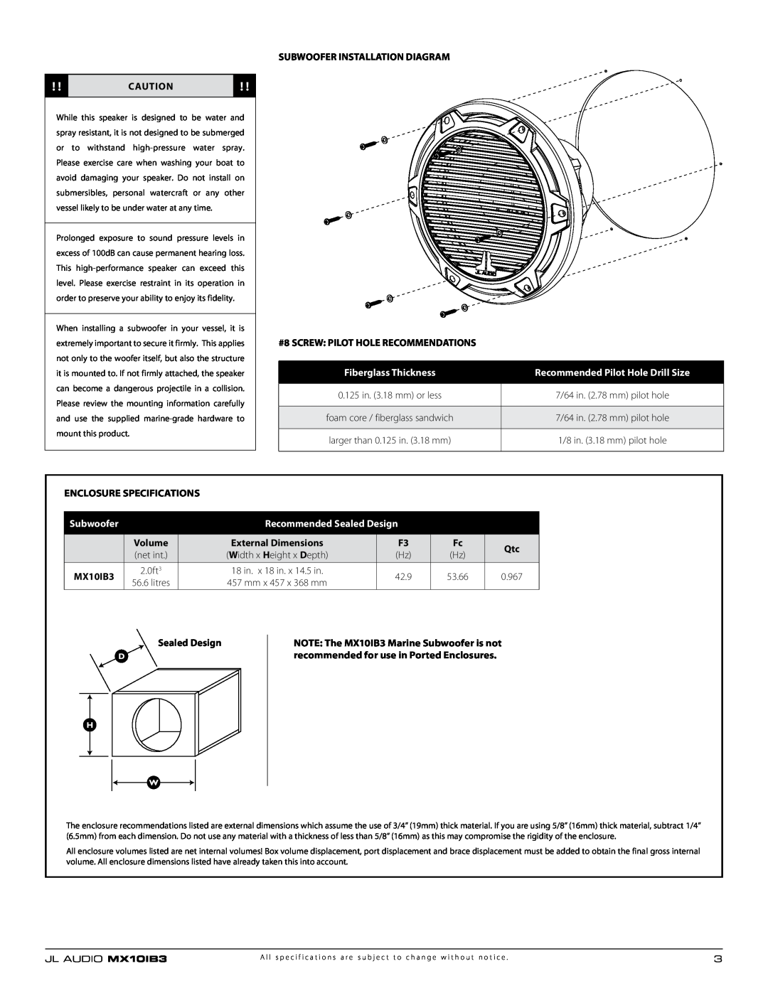 JL Audio MX10IB3 Subwoofer Installation Diagram, #8 SCREW PILOT HOLE RECOMMENDATIONS, Fiberglass Thickness, Sealed Design 