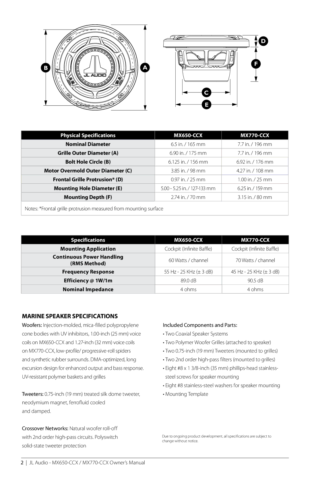 JL Audio owner manual Marine Speaker Specifications, MX650-CCX MX770-CCX 