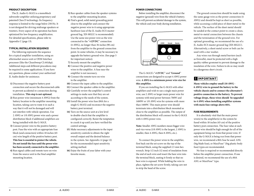 JL Audio RBC-1 owner manual Product Description, For detailed specifications, please refer to Appendix C, Power Connections 