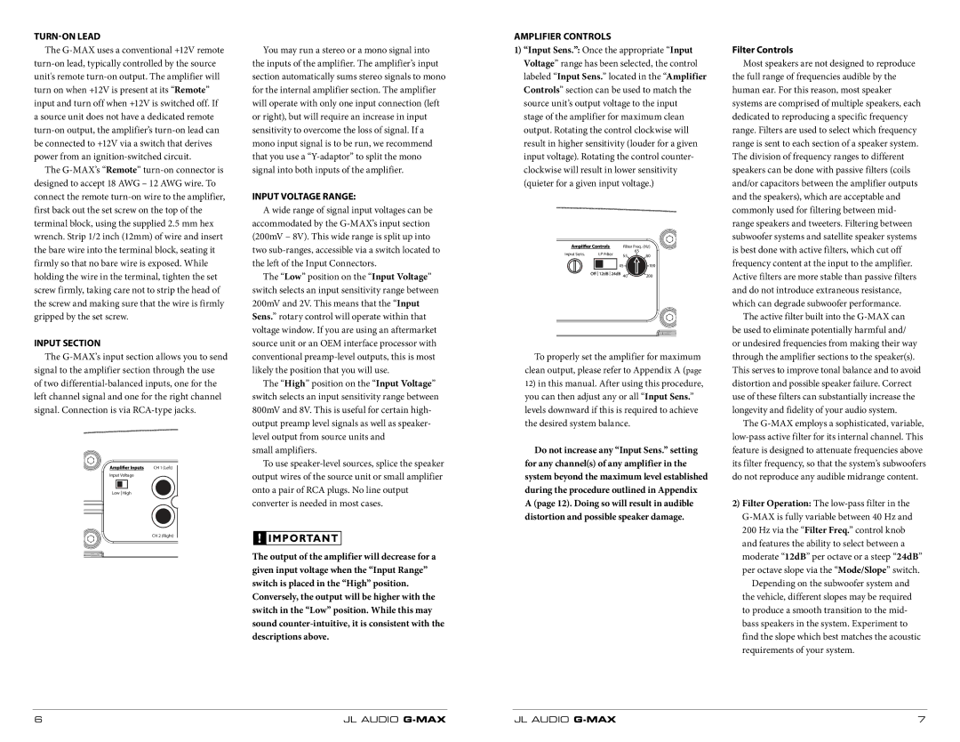 JL Audio RBC-1 owner manual Turn-On Lead, Input Section, Input Voltage Range, Amplifier Controls, Filter Controls 