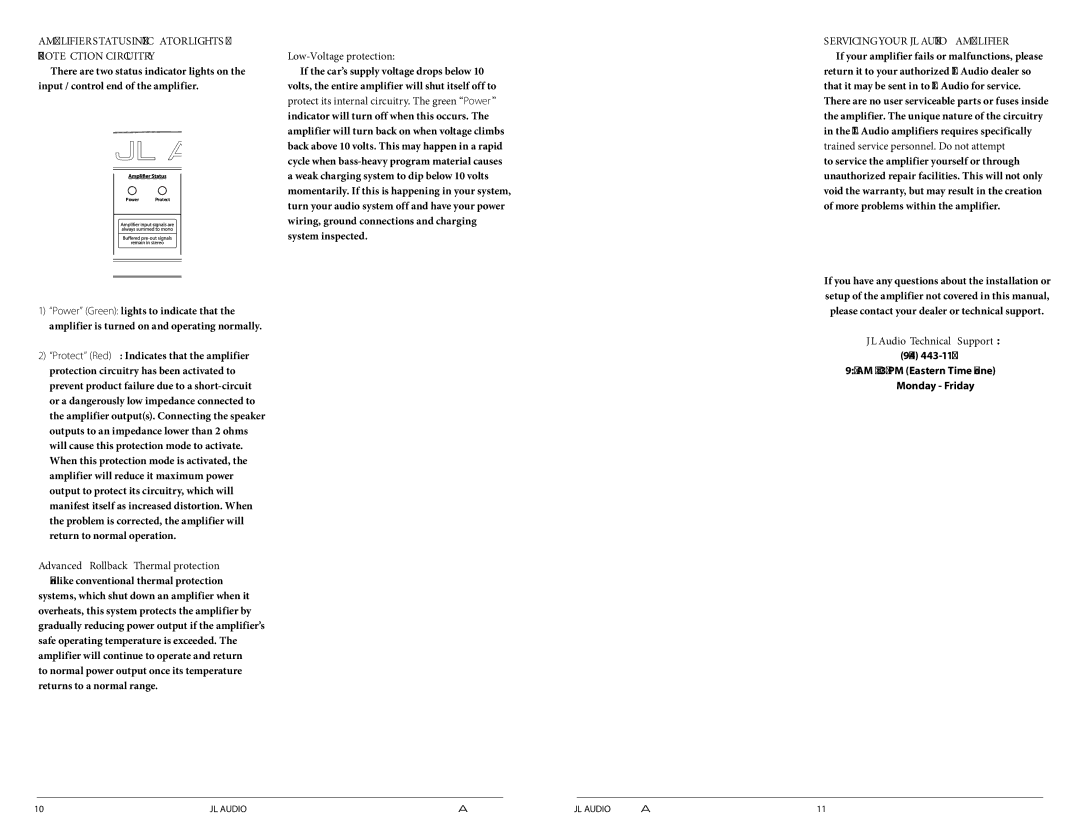 JL Audio RBC-1 owner manual Amplifier Status Indicator Lights & Protection Circuitry, Low-Voltage protection 