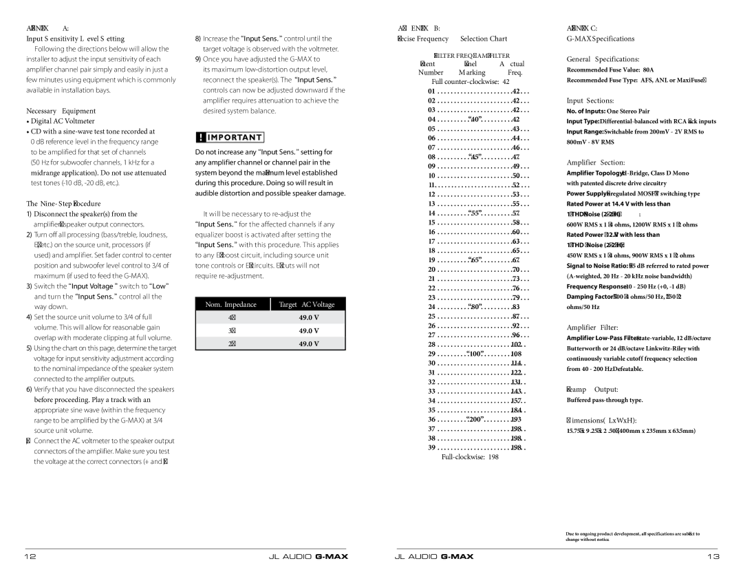 JL Audio RBC-1 Appendix a, Necessary Equipment, Nine-Step Procedure, Appendix B Precise Frequency Selection Chart 