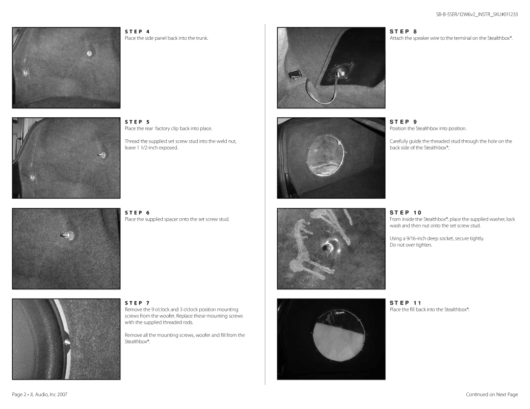 JL Audio SB-B-5SER/12W6v2 Place the side panel back into the trunk, Place the supplied spacer onto the set screw stud 