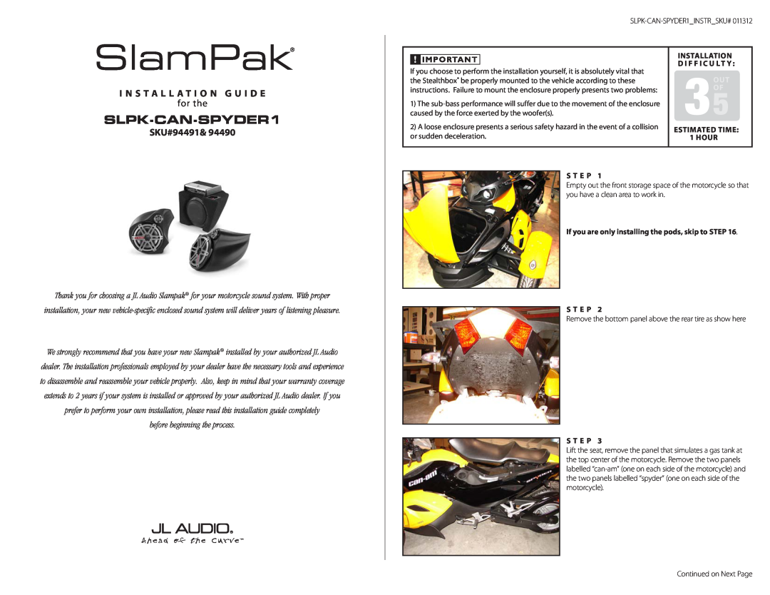 JL Audio SLPK-CAN-SPYDER1, SB-CAN-PODS1-M770 warranty I n s t a l l a t i o n G u i d e, SKU#94491, SlamPak, for the 