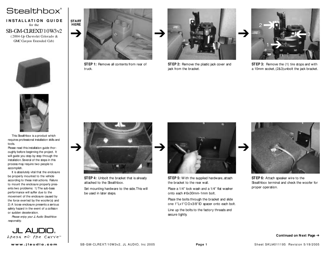 JL Audio SB-GM-CLREXT/10W3v3/TN2 manual Remove all contents from rear, Truck Jack from the bracket, On Next 