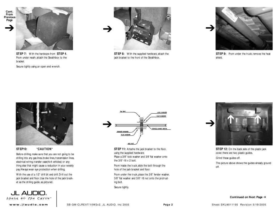 JL Audio SB-GM-CLREXT/10W3v2 manual Cont From Previous, From under the truck, remove the heat shield, Secure tightly 