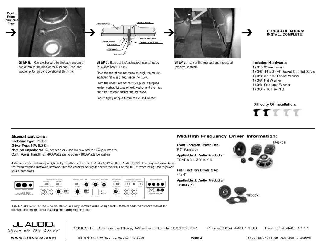 JL Audio SB-GM-SXT/10W6v2 manual Included Hardware, Mid/High Frequency Driver Information, Front Location Driver Size 