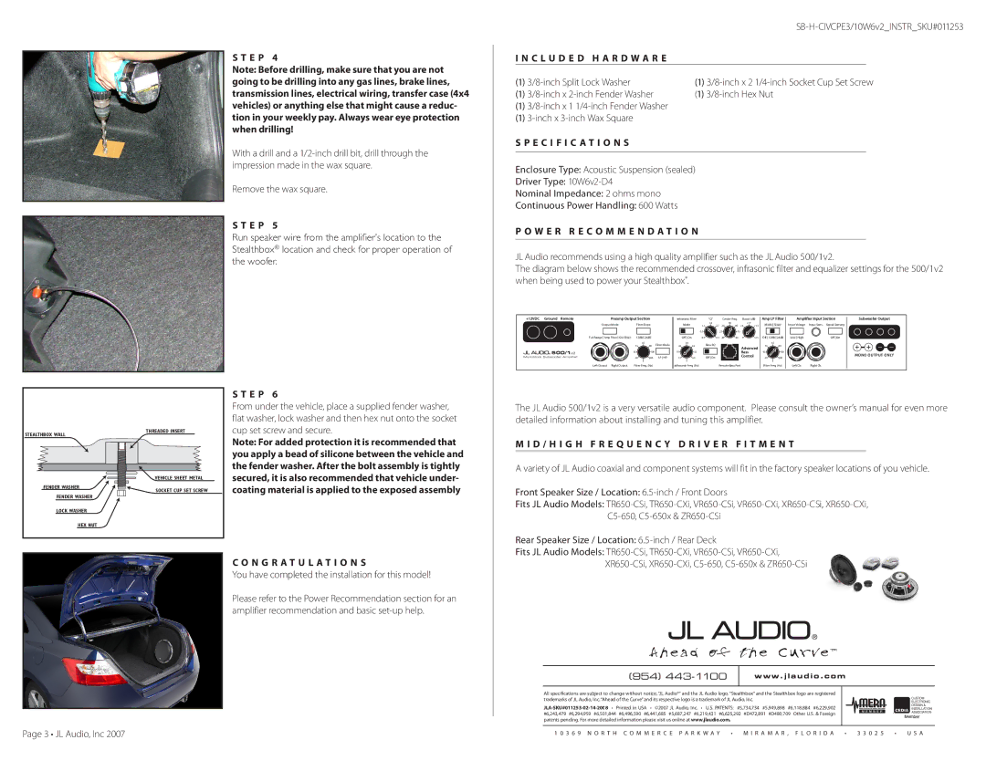 JL Audio SB-H-CIVCPE3/10W6v2 warranty C L U D E D H a R D W a R E, Specification S, W e r R e c o m m e n d a t i o n 