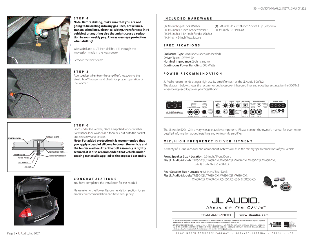 JL Audio SB-H-CIVSDN/10W6v2 warranty C L U D E D H a R D W a R E, Specification S, W e r R e c o m m e n d a t i o n 