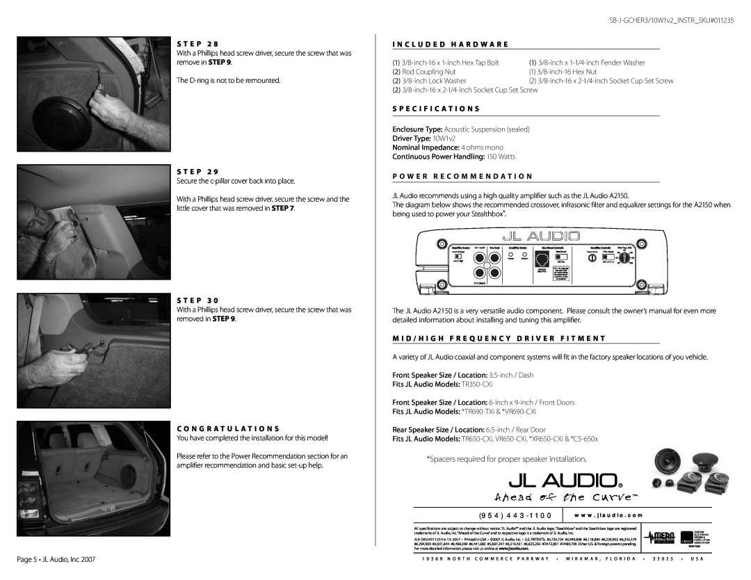 JL Audio SB-J-GCHER3/10W1v2/TN warranty Spacers required for proper speaker installation, S T E P 2, S T E P 3 