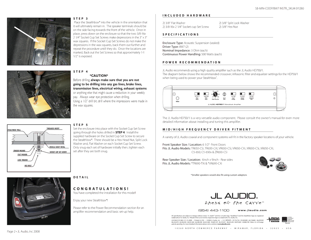 JL Audio SB-MIN-COOP/8W7 manual N G R a T U L a T I O N S, C L U D E D H a R D W a R E, Specification S 