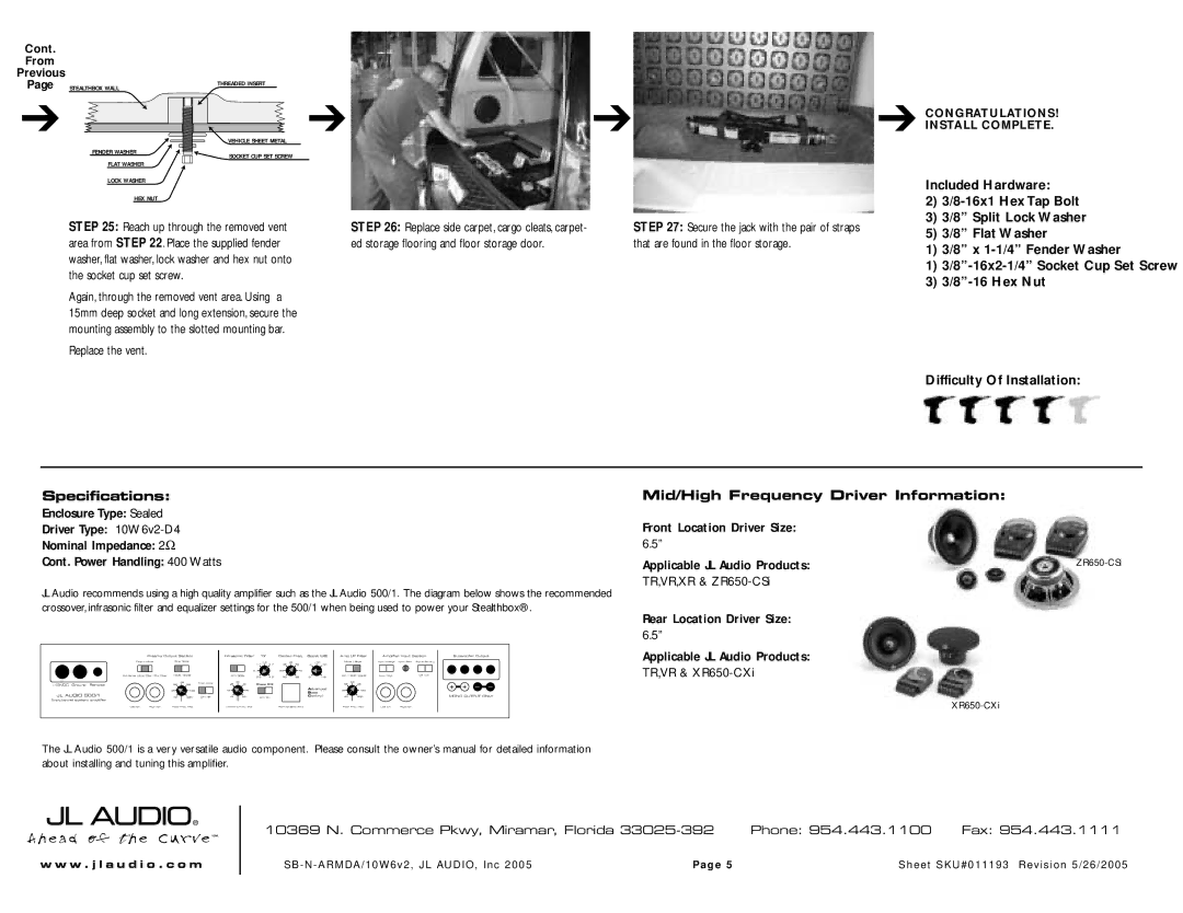 JL Audio SB-N-ARMDA/10W6v2, SB-N-ARMAD/10W6v2/TN2 manual Split Lock Washer, 16x2-1/4 Socket Cup Set Screw 