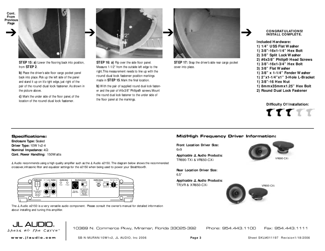 JL Audio VR690-CXi Included Hardware, USS Flat Washer, 16x1-1/4 Hex Bolt, Split Lock Washer, #6x3/8 Philip Head Screws 