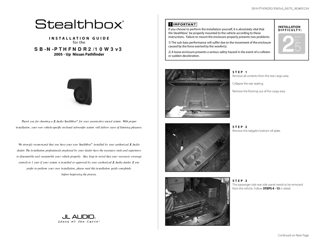 JL Audio SB-N-PTHFNDR2/10W3v3/LT warranty Up Nissan Pathfinder, E P, Remove the tailgate’s bottom sill plate, On Next 