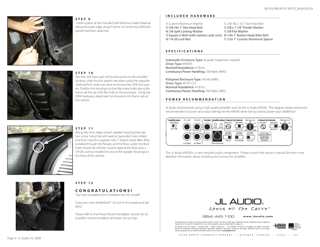 JL Audio SB-POL-RNGR/SYS manual N G R a T U L a T I O N S, E P 1, C L U D E D H a R D W a R E, Specification S 