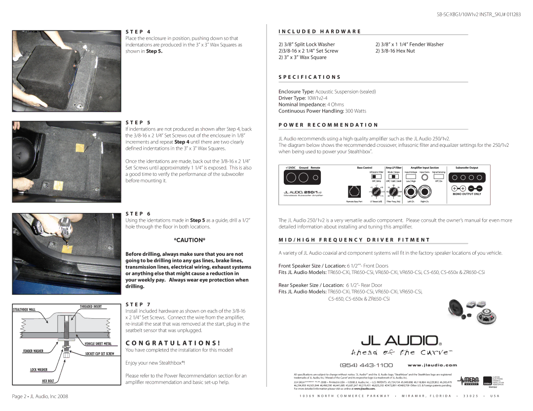 JL Audio SB-SC-XBG1/10W1v2 manual N G R a T U L a T I O N S, C L U D E D H a R D W a R E, Specification S 