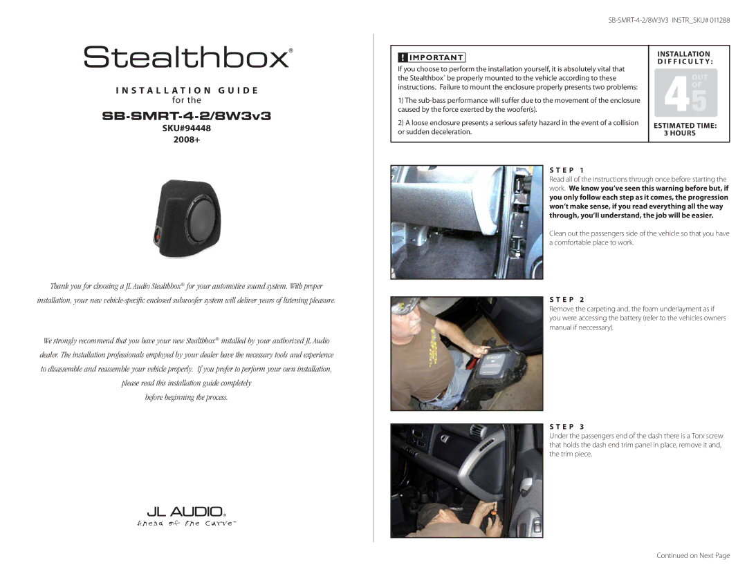 JL Audio SB-SMRT-4-2/8W3v3 owner manual Installation G u i d e, SKU#94448 2008+, Estimated Time, Hours, E P 