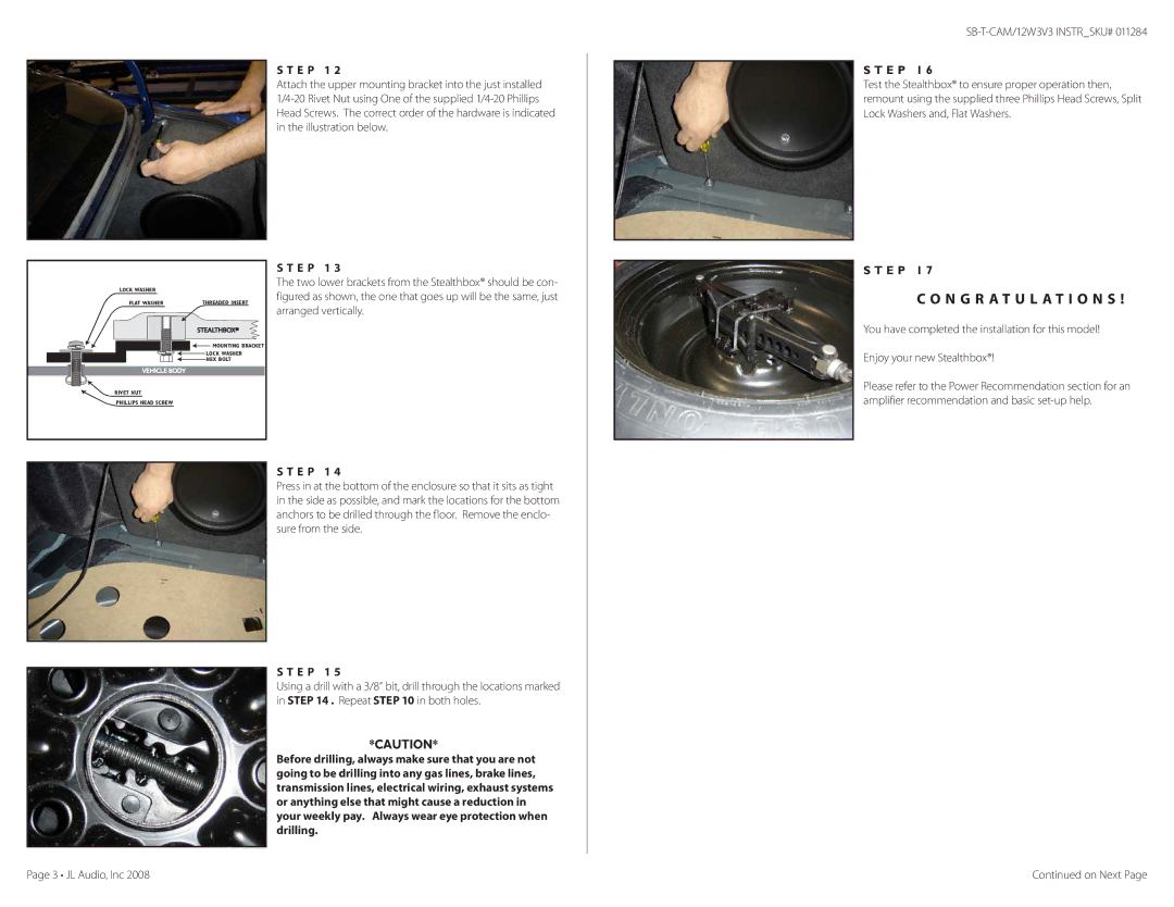 JL Audio SB-T-CMRY/12W3v3, SB-T-CAM/12W3v3 manual N G R a T U L a T I O N S 