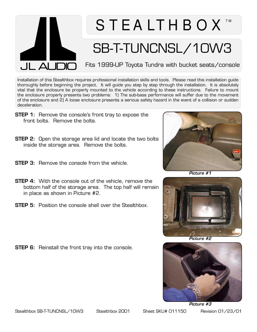 JL Audio SB-T-TUNCNSL/10W3 manual Stealthboxtm 