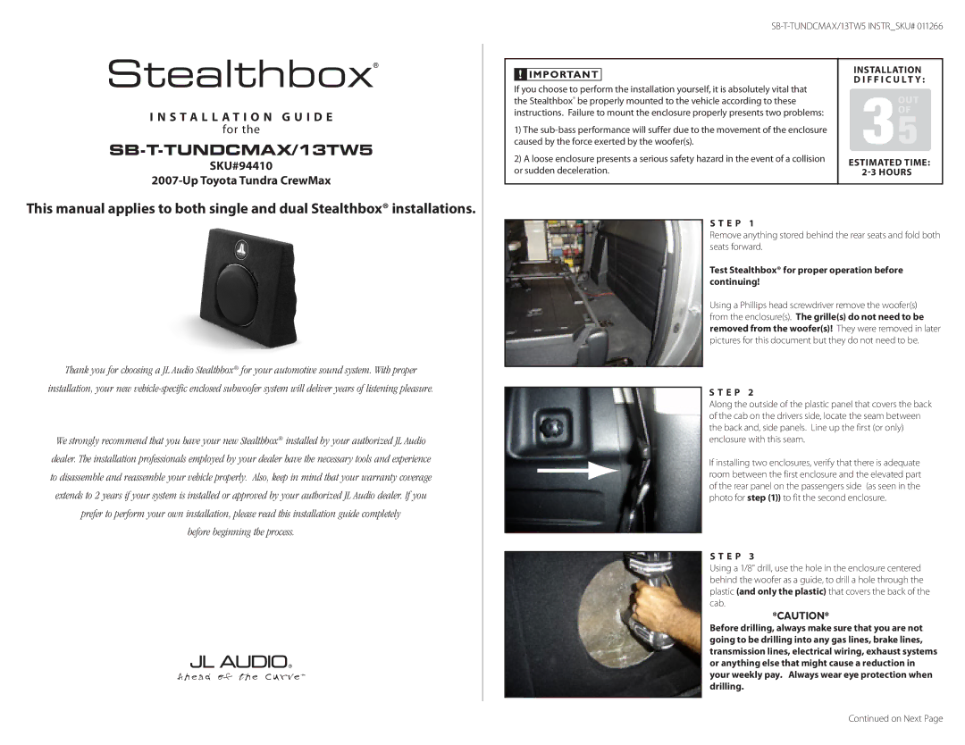 JL Audio SB-T-TUNDCMAX/13TW5 warranty Estimated Time, E P, Test Stealthbox for proper operation before continuing 