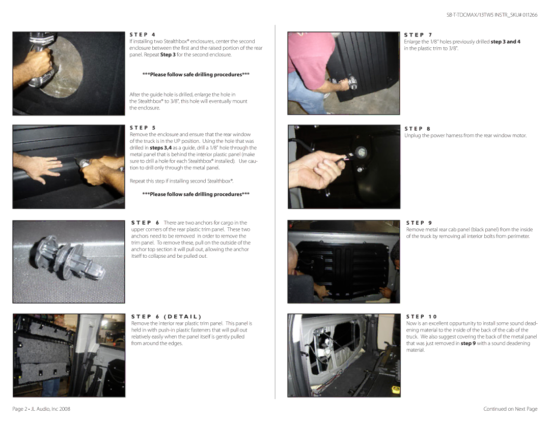 JL Audio SB-T-TDCMAX/13TW5, SB-T-TUNDCMAX/13TW5/DG warranty Please follow safe drilling procedures, E P 6 d e t a i l, E P 1 