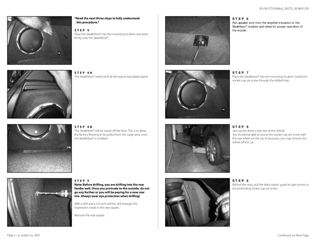 JL Audio SB-VW-GTI/10W6v2 manual E P 4 a, Stealthbox needs to fit all the way to top plastic panel, E P 4 B 