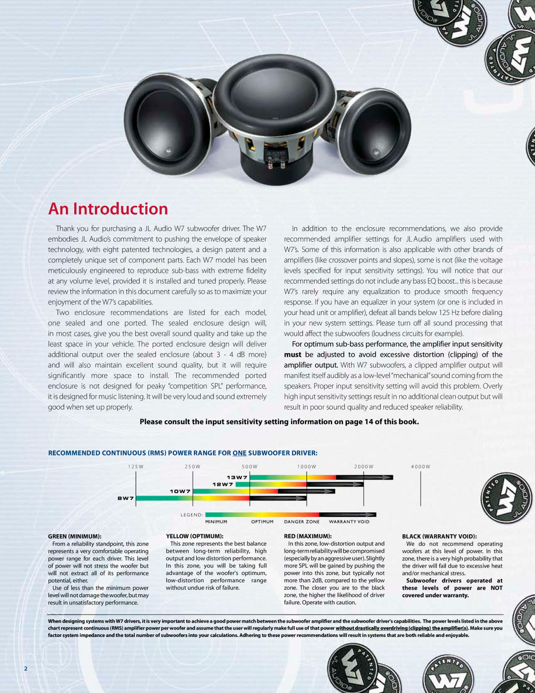 JL Audio 13W7D15 owner manual An Introduction, Green minimum, Black WARRANTY VOID 