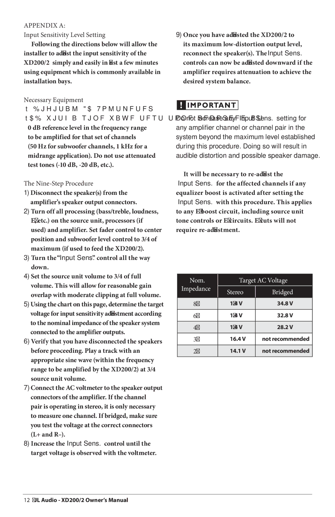 JL Audio XD200/2 Appendix a, Necessary Equipment, Nine-Step Procedure, Turn the Input Sens. control all the way down 