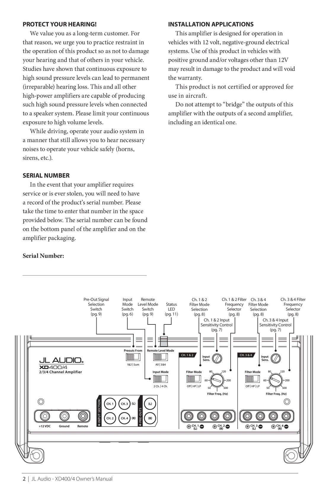 JL Audio XD600/1, XD400/4 owner manual Protect Your Hearing, Serial Number, Installation Applications 